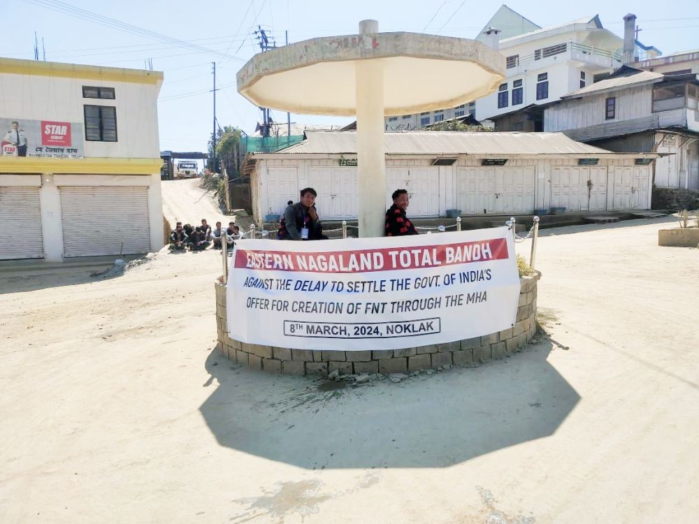 Volunteers seen manning a portion of Noklak town during the ‘Dawn to Dusk’ total bandh called by the Eastern Nagaland Peoples’ Organization on Friday.